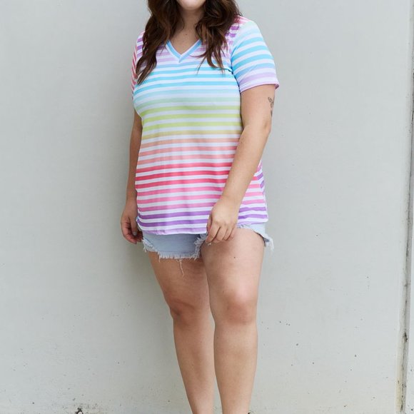 Heimish Out And Proud Full Size Multicolored Striped V-Neck Short Sleeve Top - Picture 9 of 10